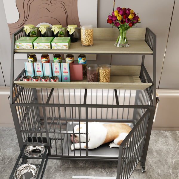 English Elm Large Pet Cage with Iron Frame Mdf Panels Storage Rack and Steel Feeding Basins Beige,Black W3064P245386