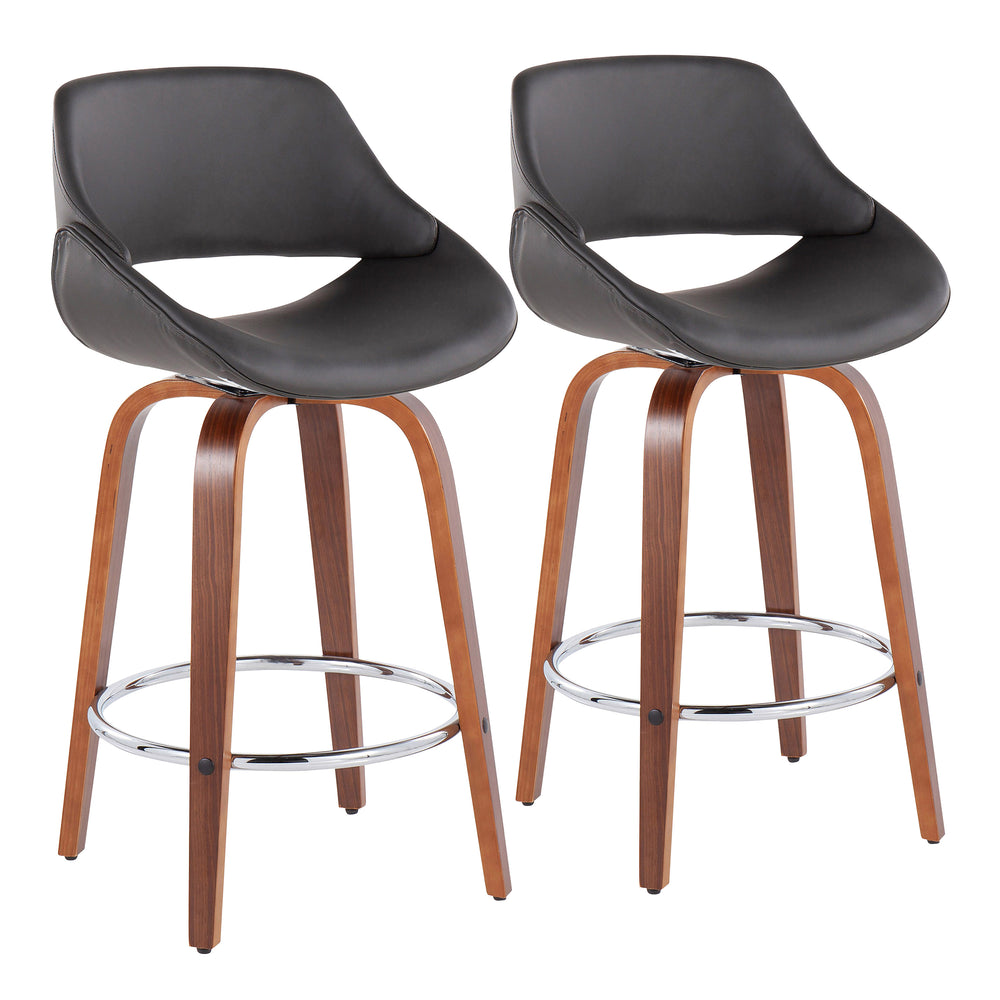 English Elm Fabrico Mid-Century Modern Counter Stool Set Of 2 In Walnut With Chrome Footrest & Grey Faux Leather B202S00255