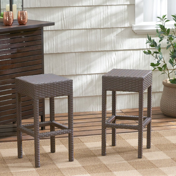 English Elm Outdoor Woven Rattan Backless Barstools Set of 2 Iron Frame Patio Counter Seating N772P368970D
