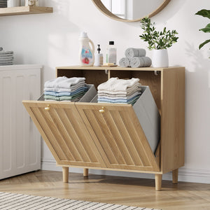English Elm Sloping Tilt Out Laundry Cabinet with Dual Hamper Bins Oak Mdf Bathroom Storage W1706P465303