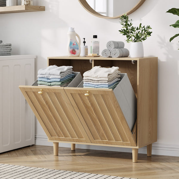 English Elm Sloping Tilt Out Laundry Cabinet with Dual Hamper Bins Oak Mdf Bathroom Storage W1706P465303