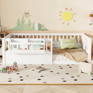 English Elm Twin Low Profile Kids Floor Bed Pine Wood Frame with Safety Rail and Built in Bookshelf White W1580P373134