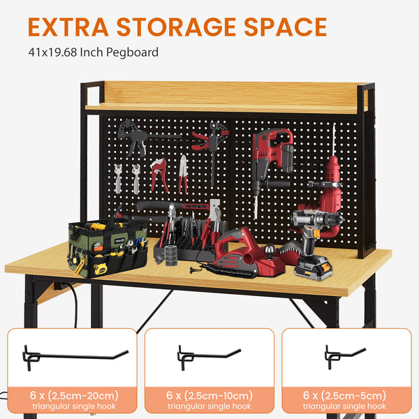 English Elm 48''adjustable Rolling Workbench Steel Frame Pegboard Outlets Garage Workshop W1162P223029