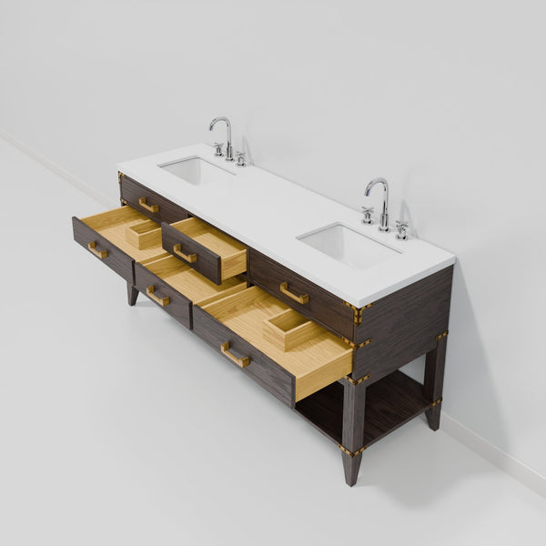 English Elm Brown Oak Double Bath Vanity With White Quartz Top, Chrome Faucet & Ample Storage For Elegance B2731P260300