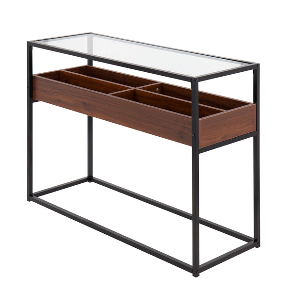 English Elm Contemporary Glass Top Console Table with Matte Black Frame and Wood Storage Walnut B202P223378