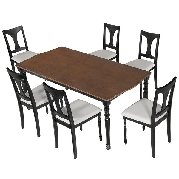 English Elm 7-Piece Extendable Dining Set with Removable Leaf and 6 Upholstered Chairs, Solid Rubberwood Legs, Seats 6 Black+Brown N752S000030B