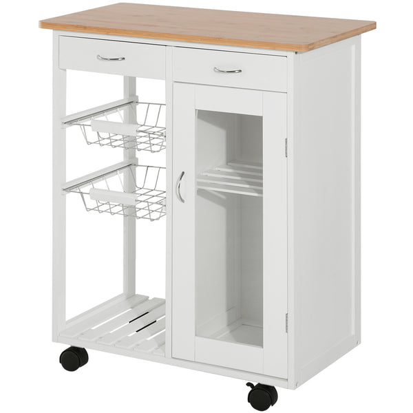 English Elm HOMCOM 28" Rolling Kitchen Island Cart with Bamboo Top, Wire Baskets, Drawers & Locking Wheels W2225P249927