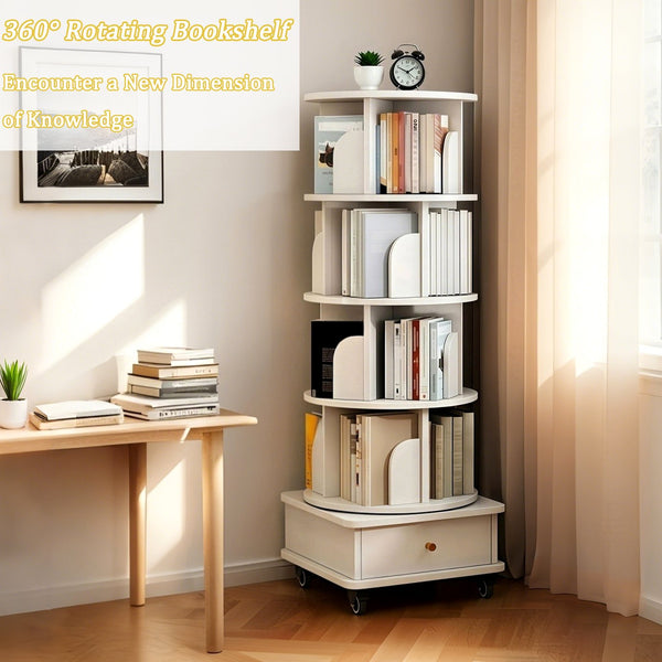 English Elm 5 Tier Rotating Bookshelf with 360° Spin, Locking Wheels, Stable Base & Drawer Storage for Home W3204P309488