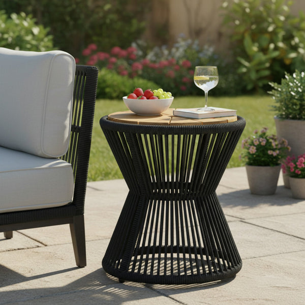 English Elm Outdoor Acacia Wood Top Side Table Woven Rope Iron Frame Hourglass Patio Accent Black,Teak N770P354690B