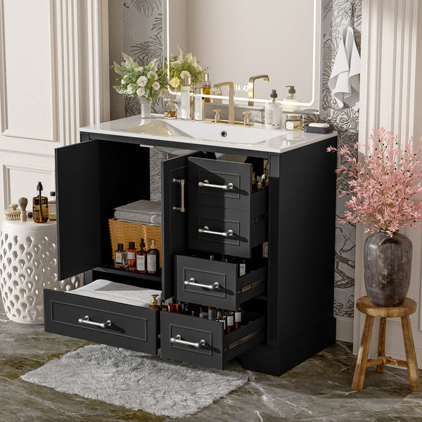 English Elm 36" Traditional Bathroom Vanity with Ceramic Sink, Solid Wood Cabinet, Soft-Close Doors & Drawers Black N729P251630B