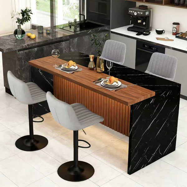 English Elm 63" Modern Kitchen Island Set With 4 Gray Bar Stools - Elegant Black Marble, Led Lights & Versatile Design W2699S00071