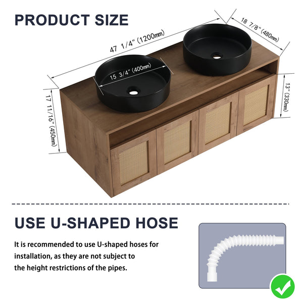 English Elm 48" Modern Wall-Mounted Bathroom Vanity With Black Ceramic Art Sink & Soft-Close Doors, Plywood W999S00400