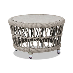 English Elm Jennifer Taylor Home - Everly Handwoven 21.5" Round Patio Coffee Table Light Beige Olefin UV‑Resistant Glass/Stone Top Durable Frame B2719P318946