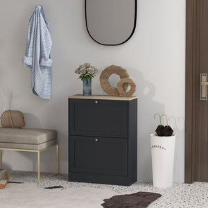 English Elm HOMCOM Slim Shoe Cabinet for Entryway with 2 Flip Drawers, Adjustable Shelves, Oak Top, Anti-Tip Stability Black W2225P249598