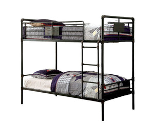 English Elm Industrial Bunk Bed Twin Over Twin Metal Pipe Frame with Built-In Ladder, Guard Rails, Rustic Accent Antique Black 73 L x 43 W x 7 H B2741P352530