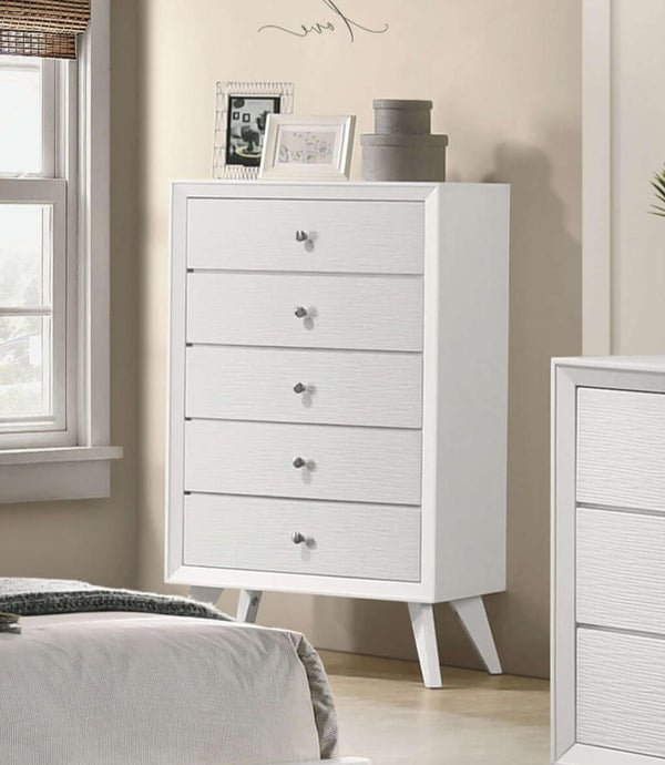 English Elm Contemporary Chic Five-Drawer Chest with Chrome Legs, High-Gloss Coating, Smooth Modern Design White 33 L x 20 W x 44 H B2741P369375