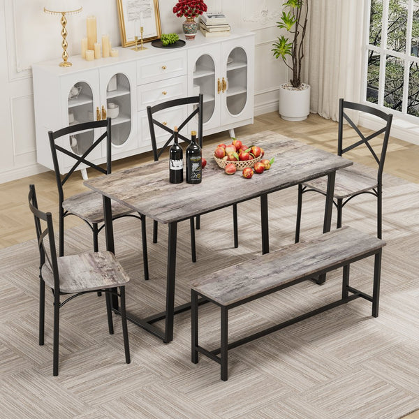 English Elm 6-Piece Dining Set with Metal Frame and MDF Tabletop, Sturdy Bench & Chairs, Modern Compact Design Gray W578P333489