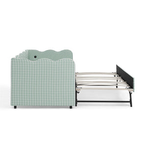 English Elm Cozy Gingham Linen Daybed with Pull Out Trundle Usb Port Wave Back Twin Sofa Cyan W1413S00120