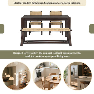 English Elm Modern Farmhouse Extendable Dining Table Set with Handwoven Rattan Chairs, Child‑Safe Rounded Edges, Expandable for 4‑8 Guests Walnut TWSET2025-1D