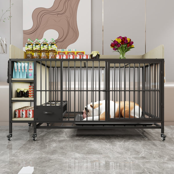 English Elm Large Iron Mdf Pet Enclosure with Storage Cabinet Rolling Casters and Steel Feeding Basins W3064P245384