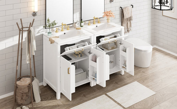English Elm Modern 48 Inch Freestanding Bathroom Vanity Dual Ceramic Sinks Soft Close Gold Handles White N729P000008K