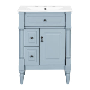 English Elm 24 Inch Freestanding Vanity with Ceramic Sink Rubberwood Frame Matte Finish Storage Blue+Grey N725P356058E