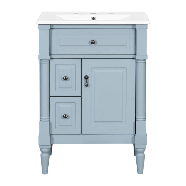 English Elm 24 Inch Freestanding Vanity with Ceramic Sink Rubberwood Frame Matte Finish Storage Blue+Grey N725P356058E