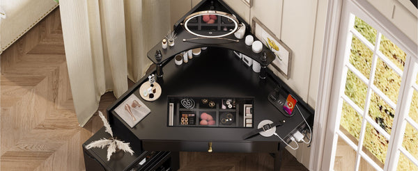 English Elm Corner Vanity Desk Set with Stool Charging Station Glass Top Pull-Out Cabinet Jewelry Organizer Black 35.82 L x 32 W x 8 H N733P336237B