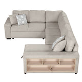 English Elm 109" U-Shaped Sectional Sofa Pull-Out Sofa Bed With Two Usb Ports, A Storage Chaise Lounge and Four Back Pillows For Living Room, Beige