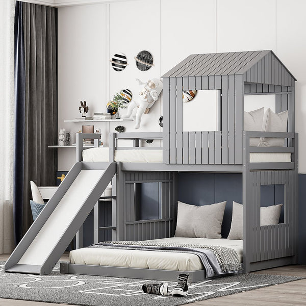 English Elm Wooden Twin Over Full Bunk Bed Farmhouse Playhouse Slide Pinewood Kids Loft Gray LT000328AAN