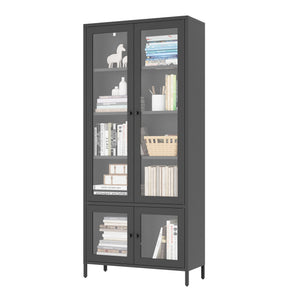English Elm Large Metal Storage Cabinet with 4 Tempered Glass Doors, 5 Adjustable Shelves, Rust‑Resistant Steel, Black — Stylish Display & Secure Home Office Storage W2378P176271
