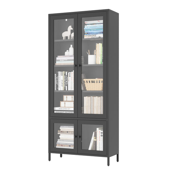 English Elm Large Metal Storage Cabinet with 4 Tempered Glass Doors, 5 Adjustable Shelves, Rust‑Resistant Steel, Black — Stylish Display & Secure Home Office Storage W2378P176271
