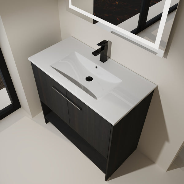 English Elm 36" Bathroom Vanity With Ceramic Sink, Soft-Close Doors, Modern Plywood Cabinet & Open Shelf Storage W1972S00020