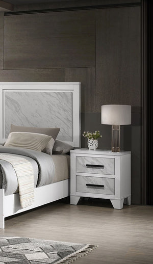English Elm White Contemporary Nightstand with Faux Marble Inset, Black Bar Pulls, Metal Glide, 23"W x15"D x24"H B2741P406264