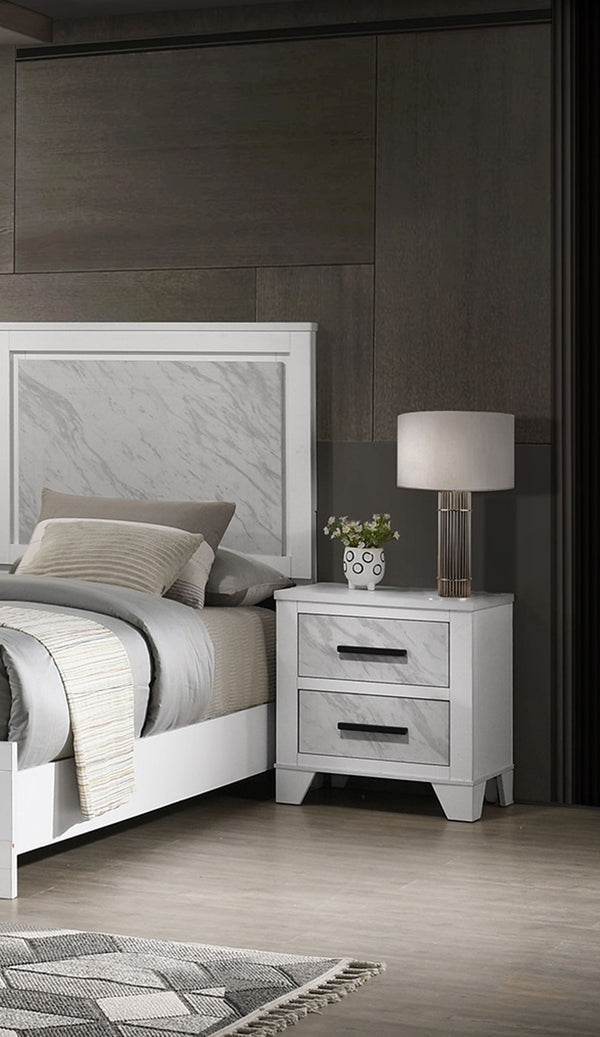 English Elm White Contemporary Nightstand with Faux Marble Inset, Black Bar Pulls, Metal Glide, 23"W x15"D x24"H B2741P406264