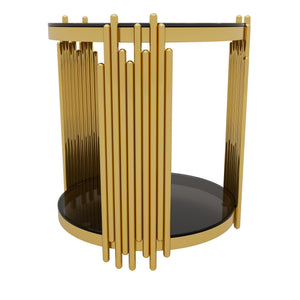 English Elm Modern Round Mirrored Glass End Table with Gold Metal Frame and Lower Display Shelf Black N735P380092B