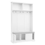 English Elm Elegant Hall Tree With Sliding Doors, Versatile Coat Rack With 6 Silvery Hooks & Handles, Mudroom Bench Cabinet With Shoe Storage & 44.4"W Cushion For Hallway, Living Room, White, 47.2*78.7