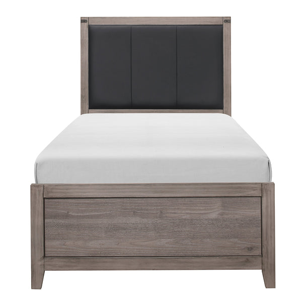 English Elm Brownish Twin Panel Bed with Faux Leather Headboard, Industrial Rivet Accents and Weathered Wood Look Brown+Gray 44.75 L x 34 W x 5.5 H B011S01348
