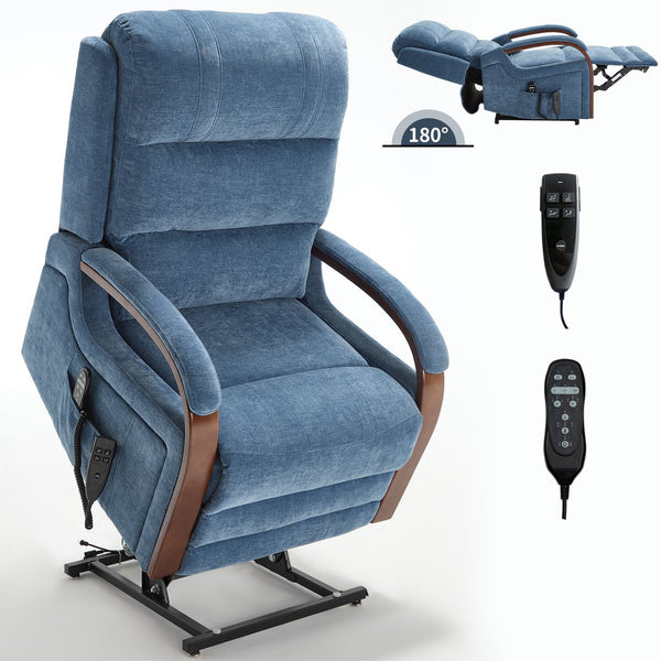 English Elm Power Lift Recliner Chair Chenille Upholstery Dual Motor Heat Massage Solid Wood Arms Blue W1803S00067