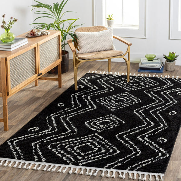 Livabliss Casablanca Shag Plush Polyester Area Rug Machine Woven in Turkey for Living Rooms Black, Ivory 5'3" x 7' CAG2315-537