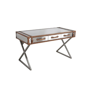 Pasargad Home Brookline Steel & Leather Writing Desk - Elegant, Durable Design For Modern Workspaces Brown Stainless Desk-0092