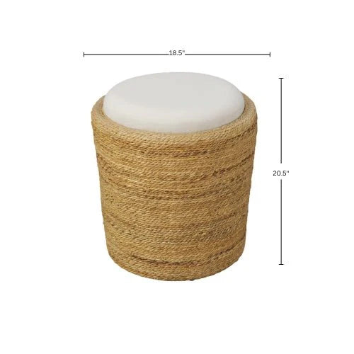Caldera Handwoven Banana Rattan Round Accent Stool with Upholstered Cushion Top