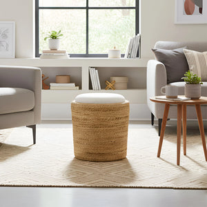 Alpine Furniture Caldera Handwoven Banana Rattan Round Accent Stool with Upholstered Cushion Top FA-25