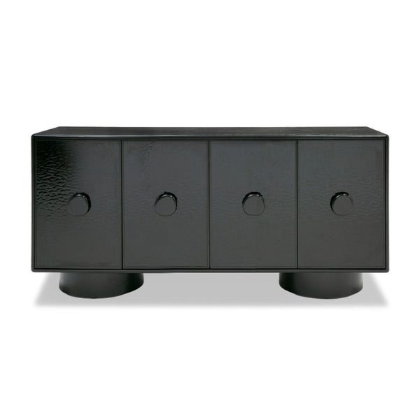 VIG Furniture Calexico Matte Black Buffet With Sculptural Wave Glass Doors, Ample Storage & Solid Ash Handles VGGMW-1717