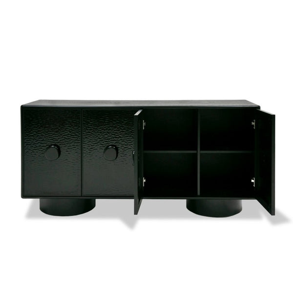 VIG Furniture Calexico Matte Black Buffet With Sculptural Wave Glass Doors, Ample Storage & Solid Ash Handles VGGMW-1717