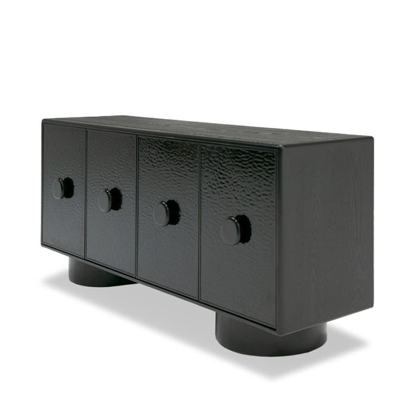 VIG Furniture Calexico Matte Black Buffet With Sculptural Wave Glass Doors, Ample Storage & Solid Ash Handles VGGMW-1717
