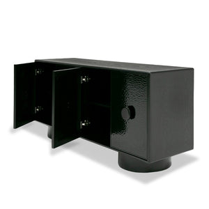 VIG Furniture Calexico Matte Black Buffet With Sculptural Wave Glass Doors, Ample Storage & Solid Ash Handles VGGMW-1717