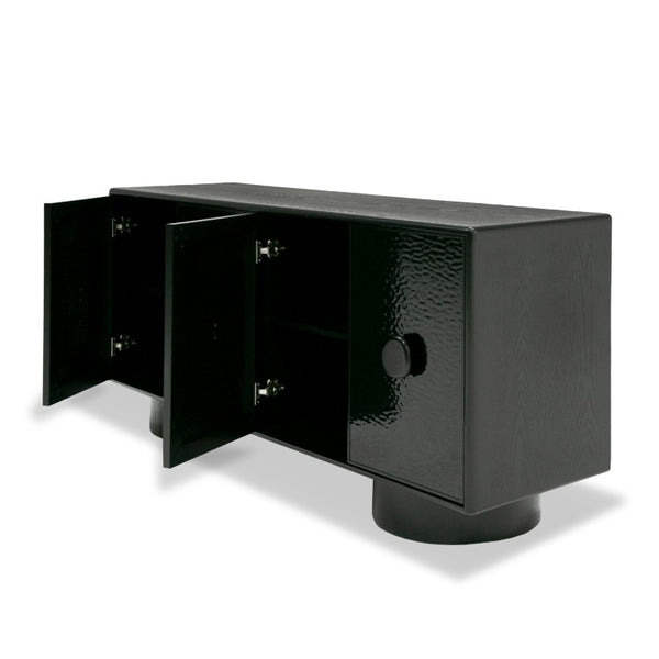 VIG Furniture Calexico Matte Black Buffet With Sculptural Wave Glass Doors, Ample Storage & Solid Ash Handles VGGMW-1717