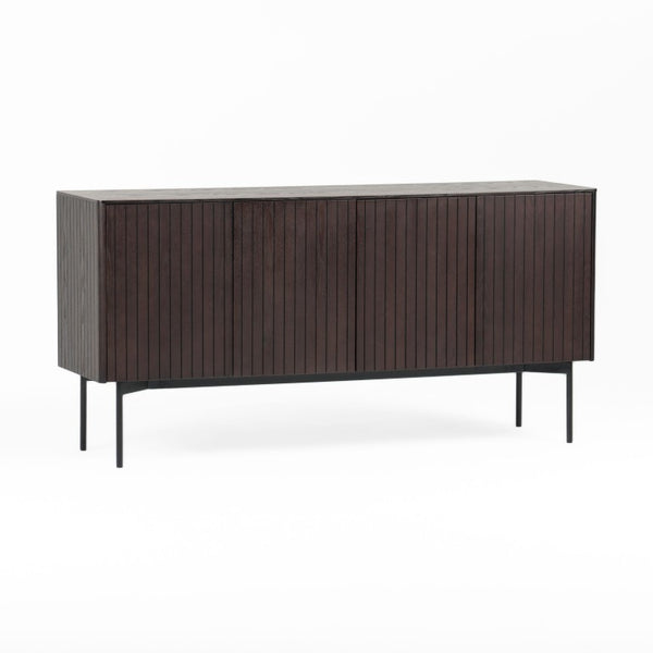 VIG Furniture Calhoun Smoked Ash Buffet With Slatted Veneer, Matte Black Legs, 4-Door Storage For Dining Room Decor VGDWJ9736-ASH-BUF