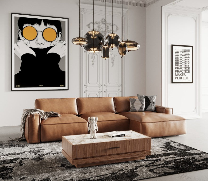 VIG Furniture Cambria Modular Raf Cognac Leather Sectional Sofa With Right-Facing Chaise, Plush Feather-Foam Comfort VGKK-KF1123-SECT-RAF